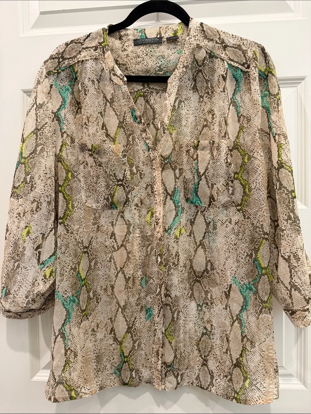 Covington Neutral Snake Print Blouse with Teal and Lime Accents